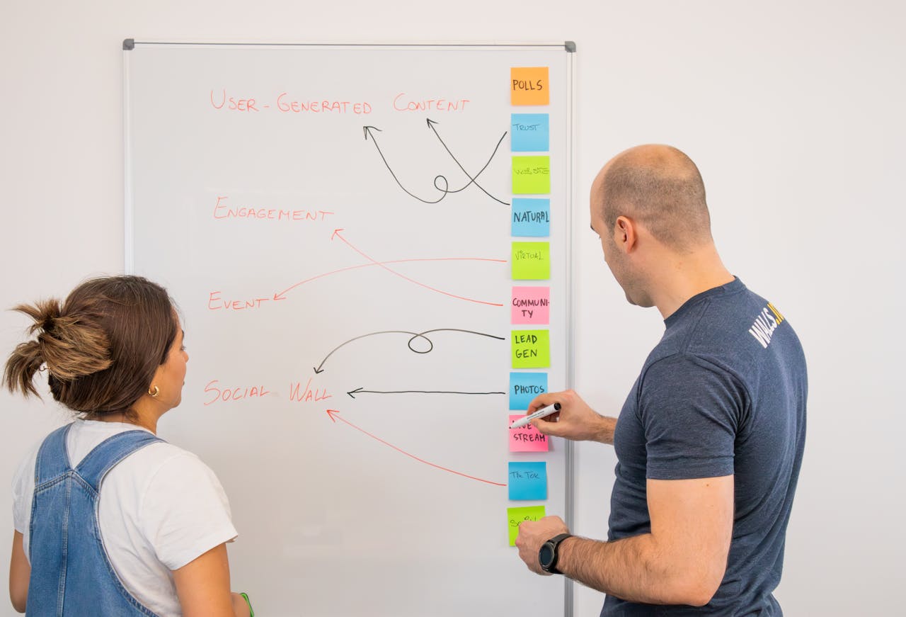 Two colleagues collaborate on a whiteboard presentation, generating creative ideas.